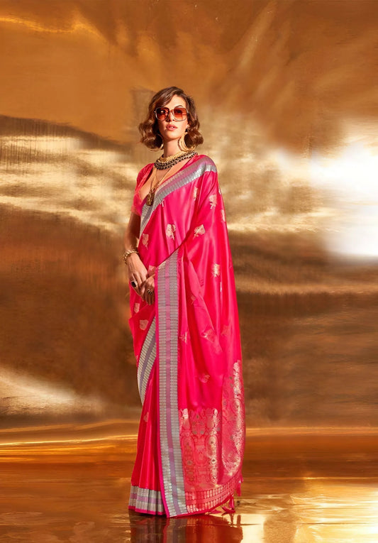 EKKTARA Saree For Women Pink Colour Pure Silk Chaap Border Design Handloom Weaving Saree With Unstitched Blouse