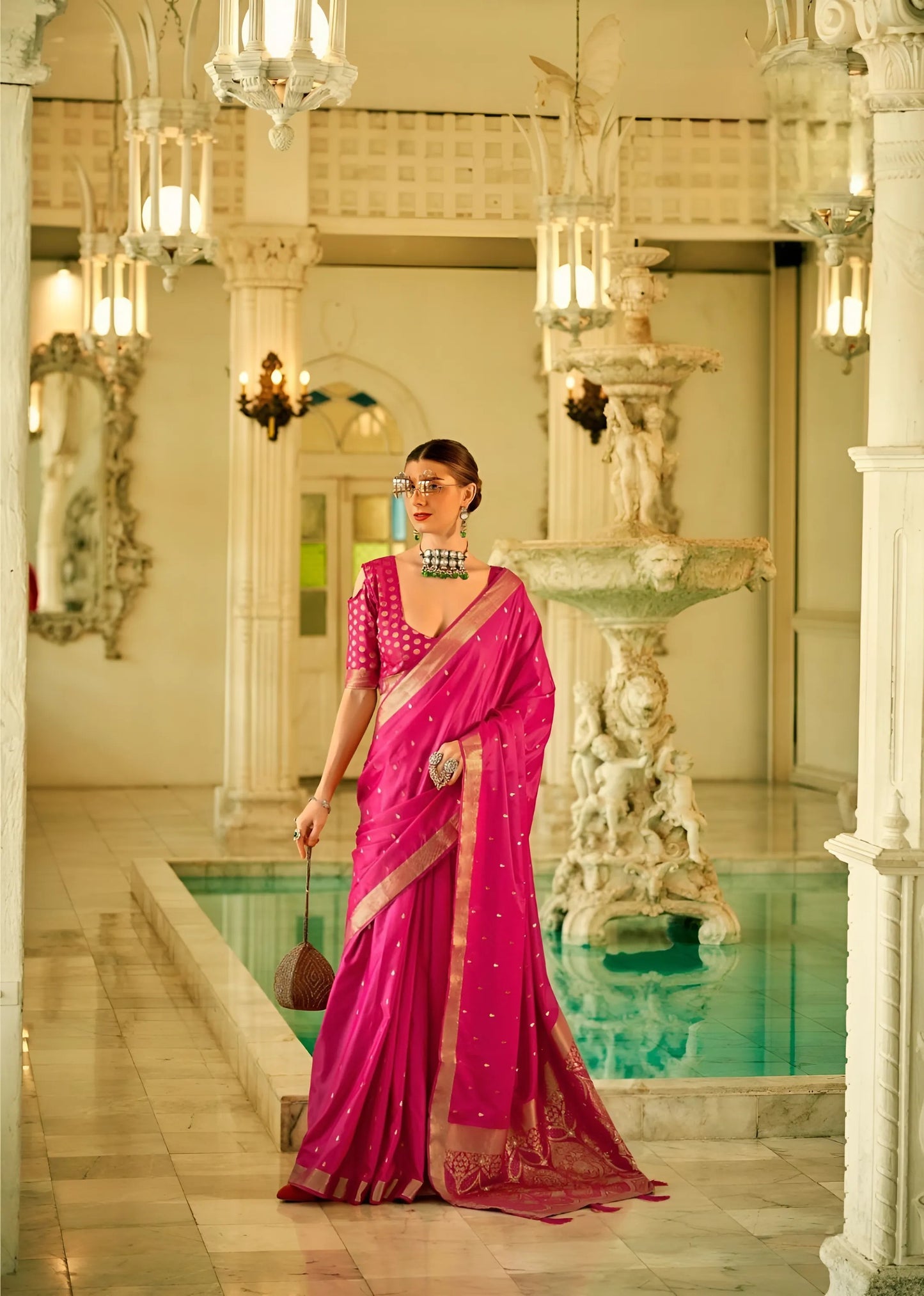 EKKTARA Saree For Women Pink Colour Pure Satin Handwoven Saree With Zari Weaving And Unstitched Blouse