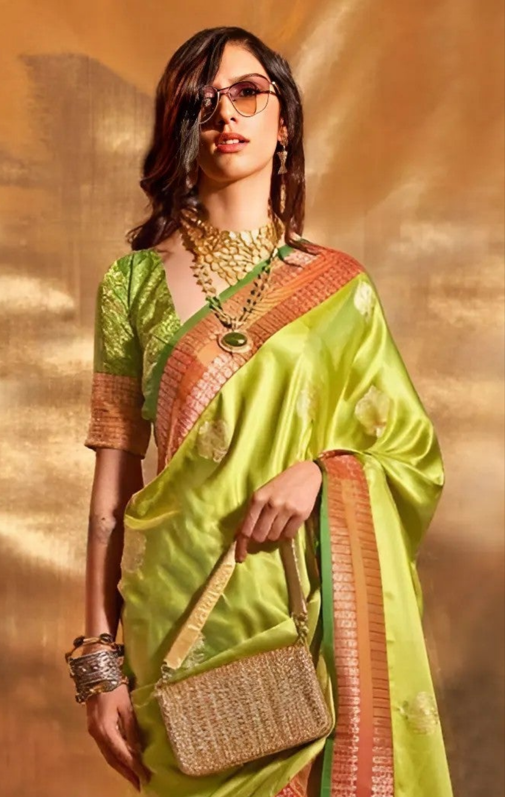 EKKTARA Saree For Women Lime Green Colour Pure Silk Chaap Border Design Handloom Weaving Saree With Unstitched Blouse