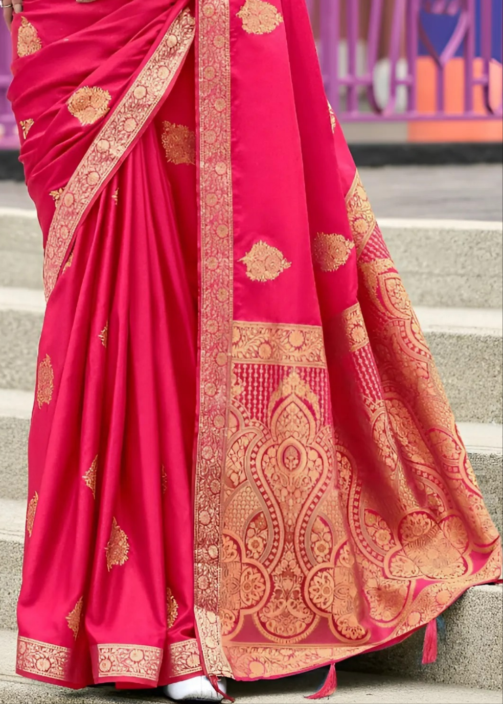 EKKTARA Saree For Women Ruby Red Colour Pure Satin Handwoven Zari Weaving Saree With Unstitched Blouse