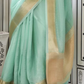 EKKTARA Saree For Women Turquoise Colour Moss Chiffon Handloom Weaving Saree With Unstitched Blouse