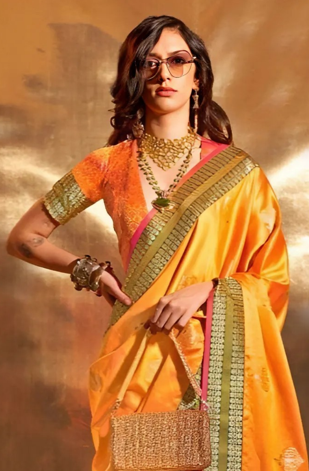 EKKTARA Saree For Women Amber Yellow Colour Pure Silk Chaap Border Design Handloom Weaving Saree With Unstitched Blouse