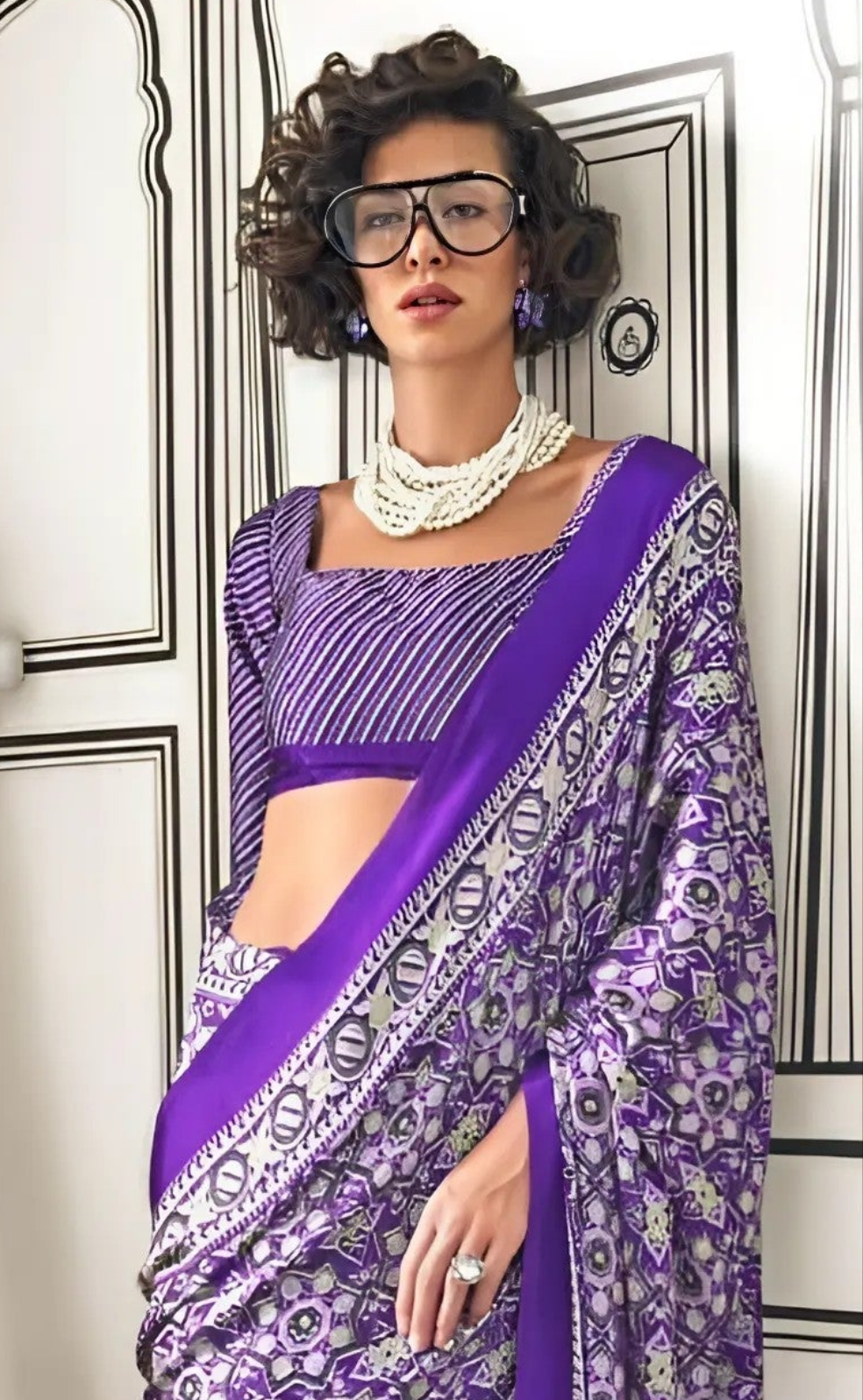 EKKTARA Saree For Women Purple Printed Colour Satin Modern Crepe Saree With Unstitched Blouse