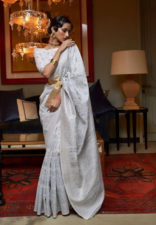 EKKTARA Saree For Women Snow Silver Colour Kashmiri Handloom Weaving Saree With Unstitched Blouse
