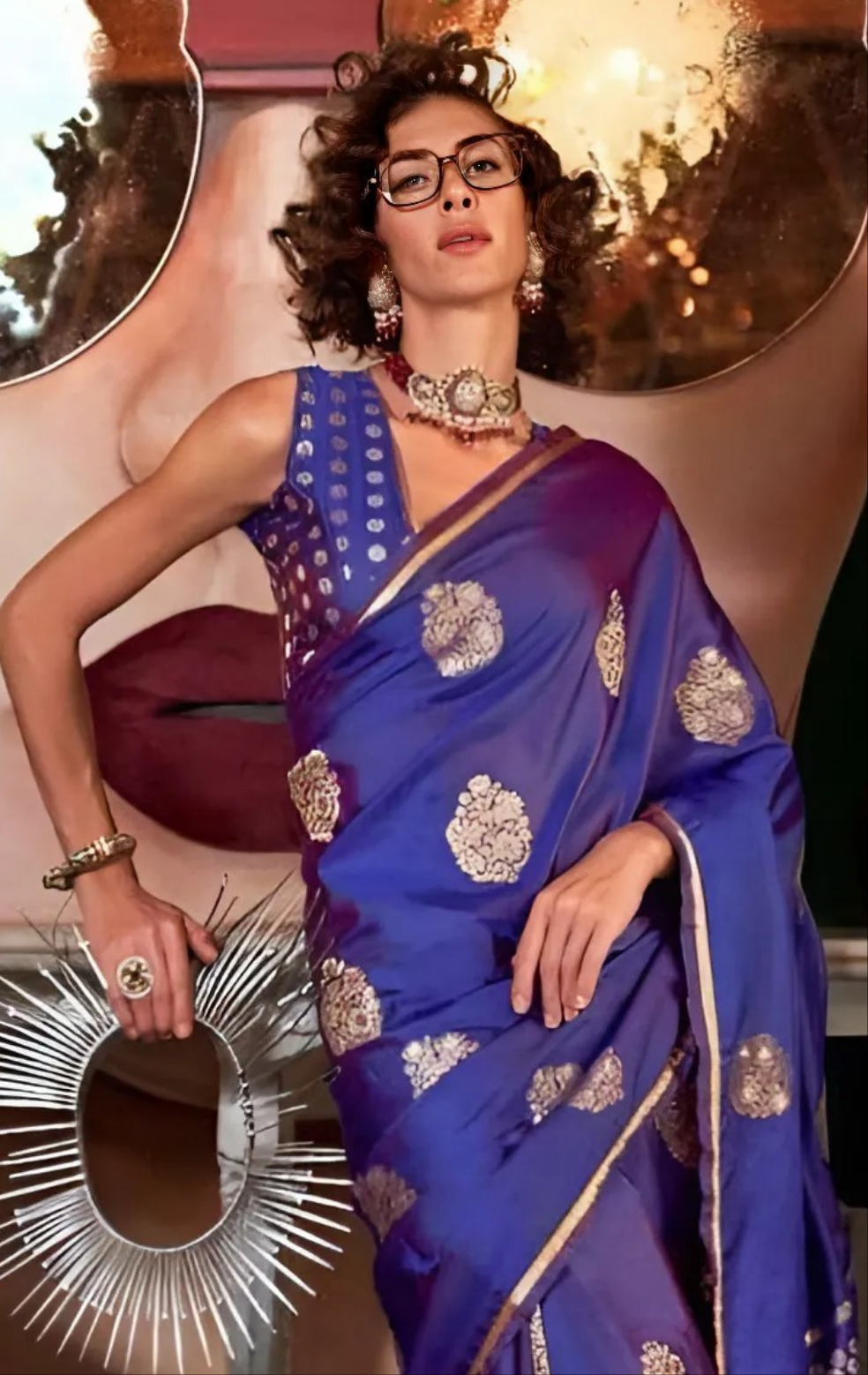 EKKTARA Saree For Women Blue Colour Pure Satin Handloom Weaving Saree With Unstitched Blouse