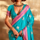 EKKTARA Saree For Women Turquoise Colour Pure Silk Chaap Border Design Handloom Weaving Saree With Unstitched Blouse