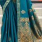 EKKTARA Saree For Women Blue Green Colour Pure Satin Handwoven Zari Weaving Saree With Unstitched Blouse