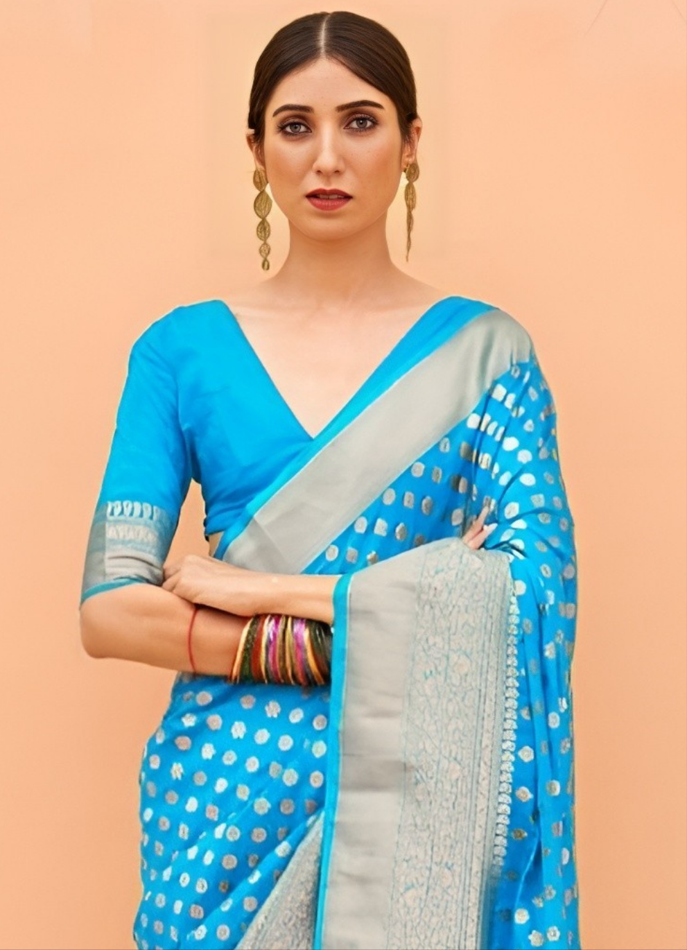 EKKTARA Saree For Women Azure Blue Colour Khadi Handloom Weaving Silk Saree With Unstitched Blouse