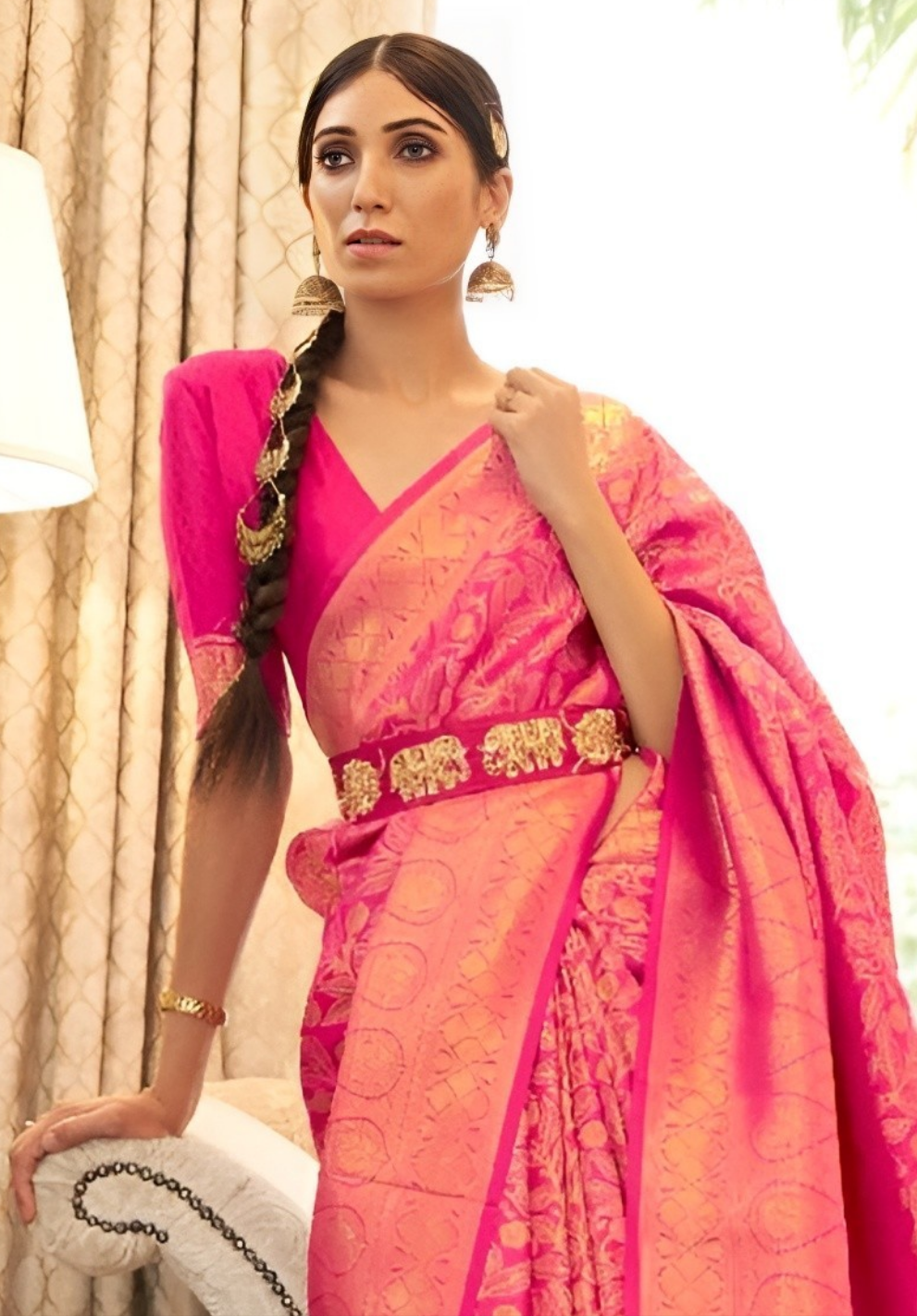 EKKTARA Saree For Women Pink Colour Silk Saree With Unstitched Blouse