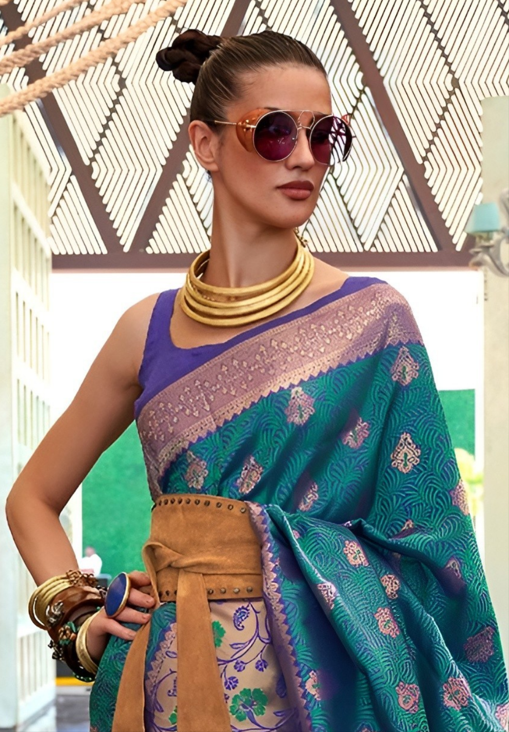 EKKTARA Saree For Women Turquoise Colour Silk Handloom Weaving Designer Saree With Unstitched Blouse