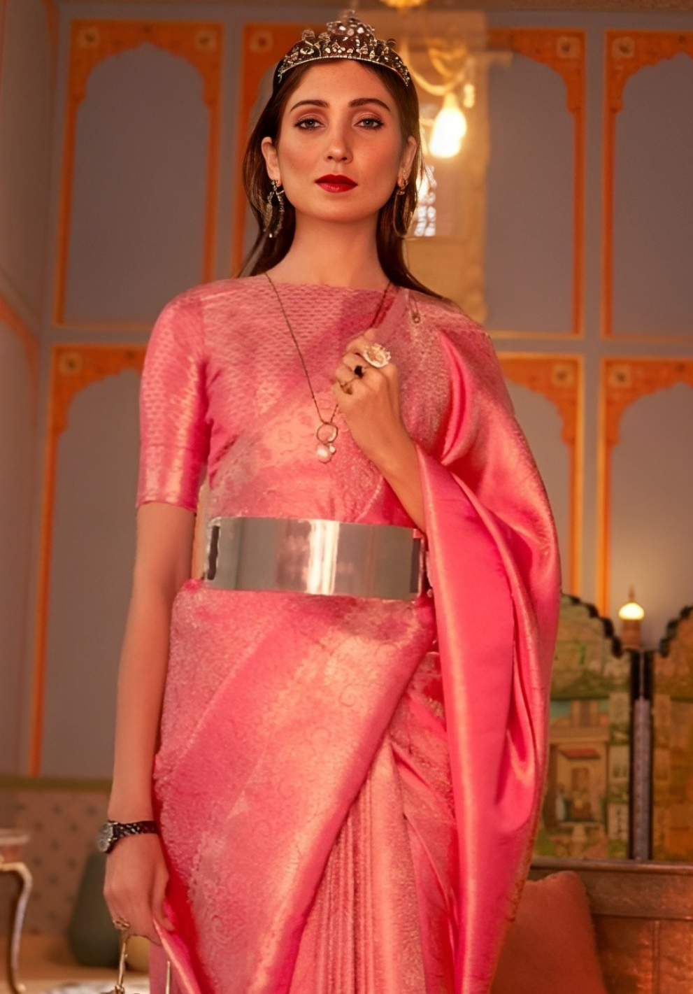 EKKTARA Saree For Women Pink Colour Saree With Unstitched Blouse