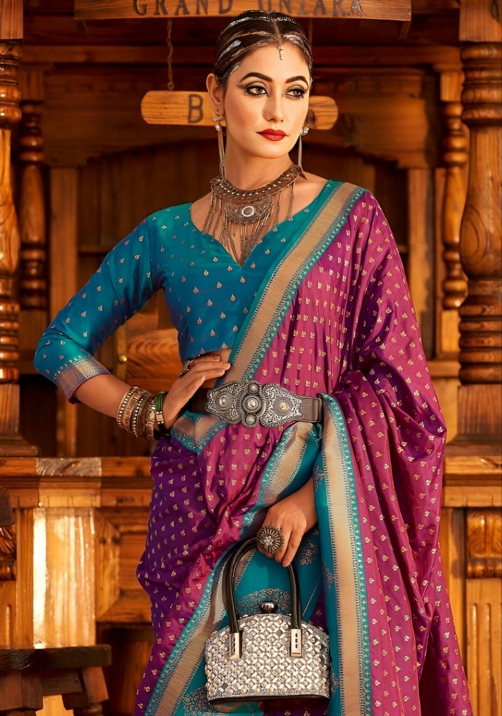 EKKTARA Saree For Women Purple Colour Banarasi Silk Saree With Unstitched Blouse