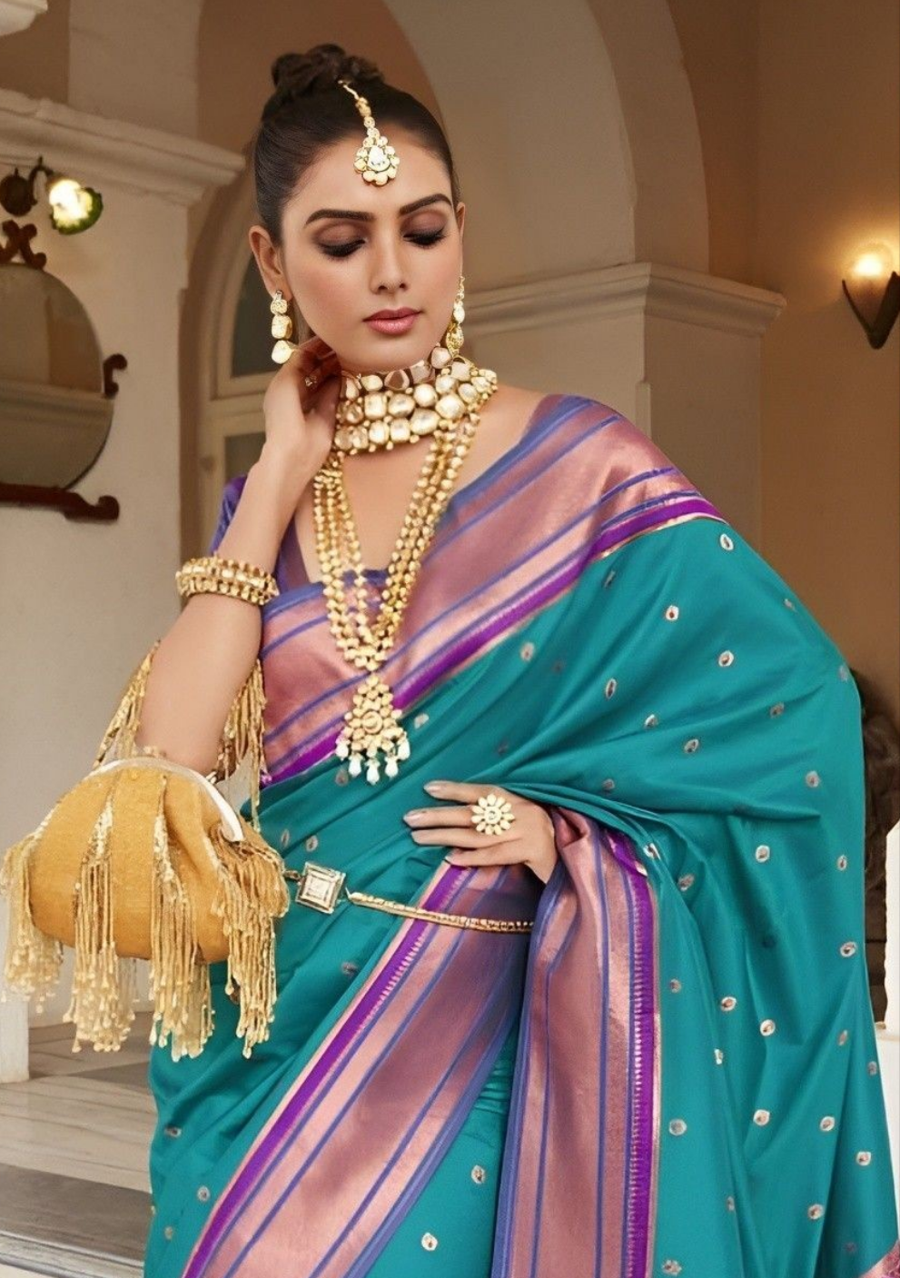 EKKTARA Saree For Women Turquoise Colour Peshwai Paithani Silk Saree With Unstitched Blouse