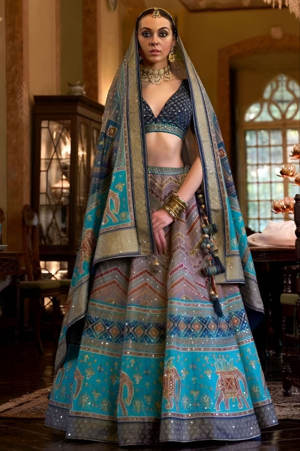 EKKTARA Stitched Designer Turquoise And Blue Shade Lehenga Choli Set