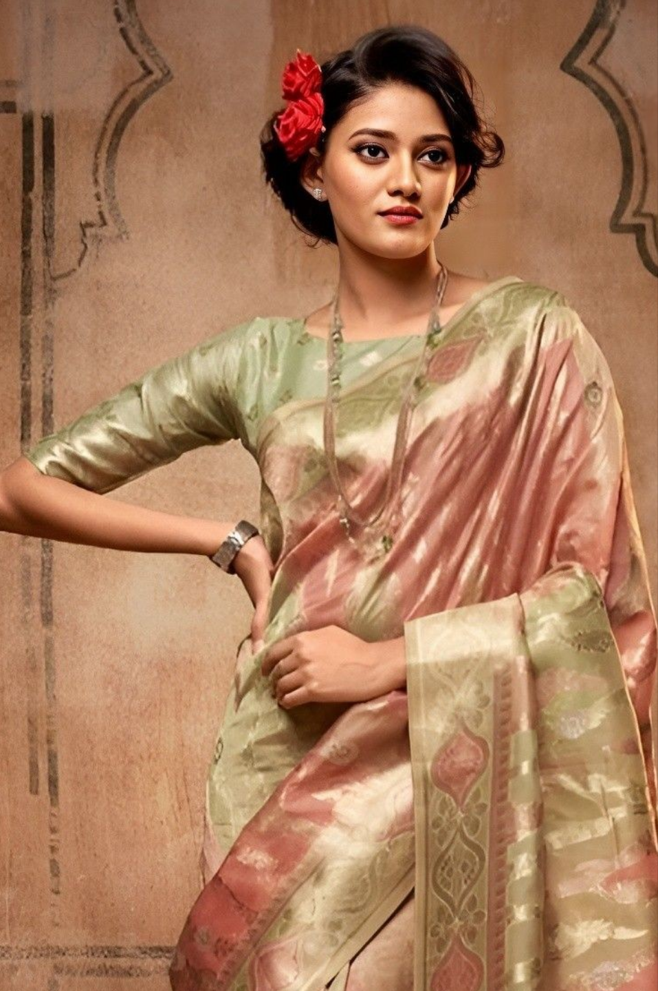 EKKTARA Saree For Women Peach Colour Organza Silk With Zari Weaving Saree And Unstitched Blouse