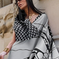 EKKTARA Saree For Women Grey Colour Printed Satin Saree With Unstitched Blouse