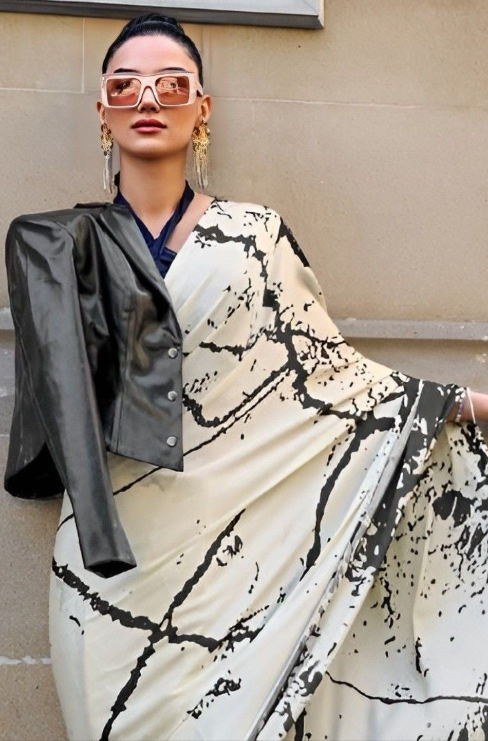 EKKTARA Saree For Women White Colour Printed Satin Saree With Unstitched Blouse