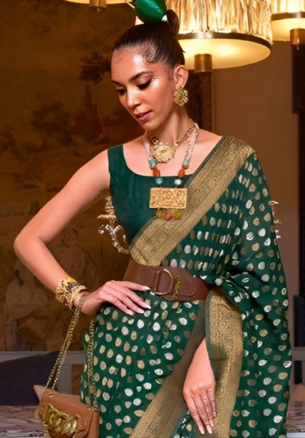 EKKTARA Saree For Women Green Colour Khadi Copper Zari Weaving Silk Saree With Unstitched Blouse