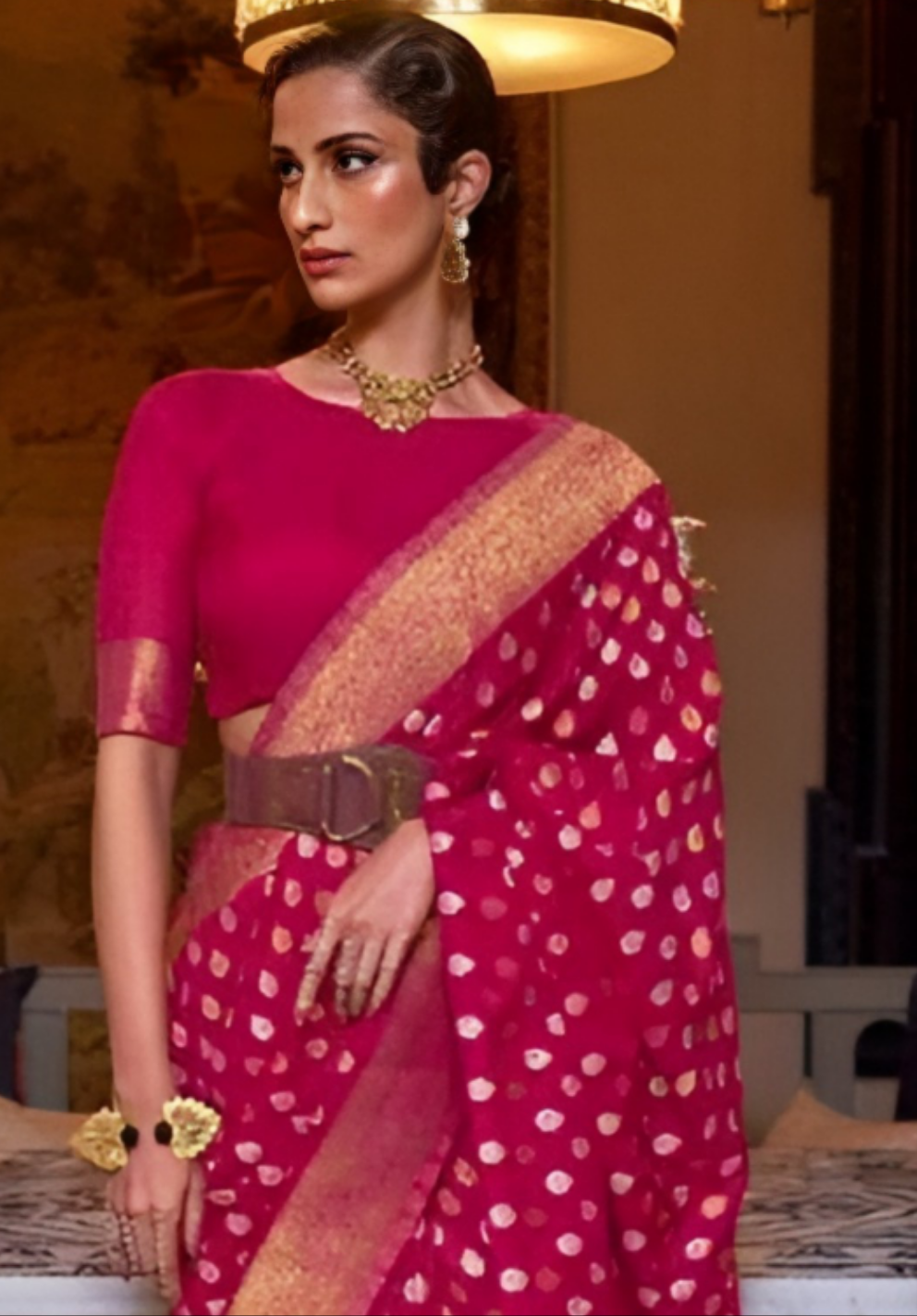 EKKTARA Saree For Women Pink Colour Khadi Copper Zari Weaving Silk Saree With Unstitched Blouse