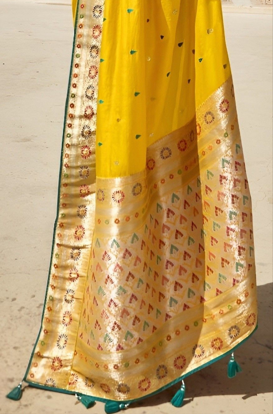 EKKTARA Saree For Women Yellow Colour Designer Paithani Saree With Unstitched Designer Blouse