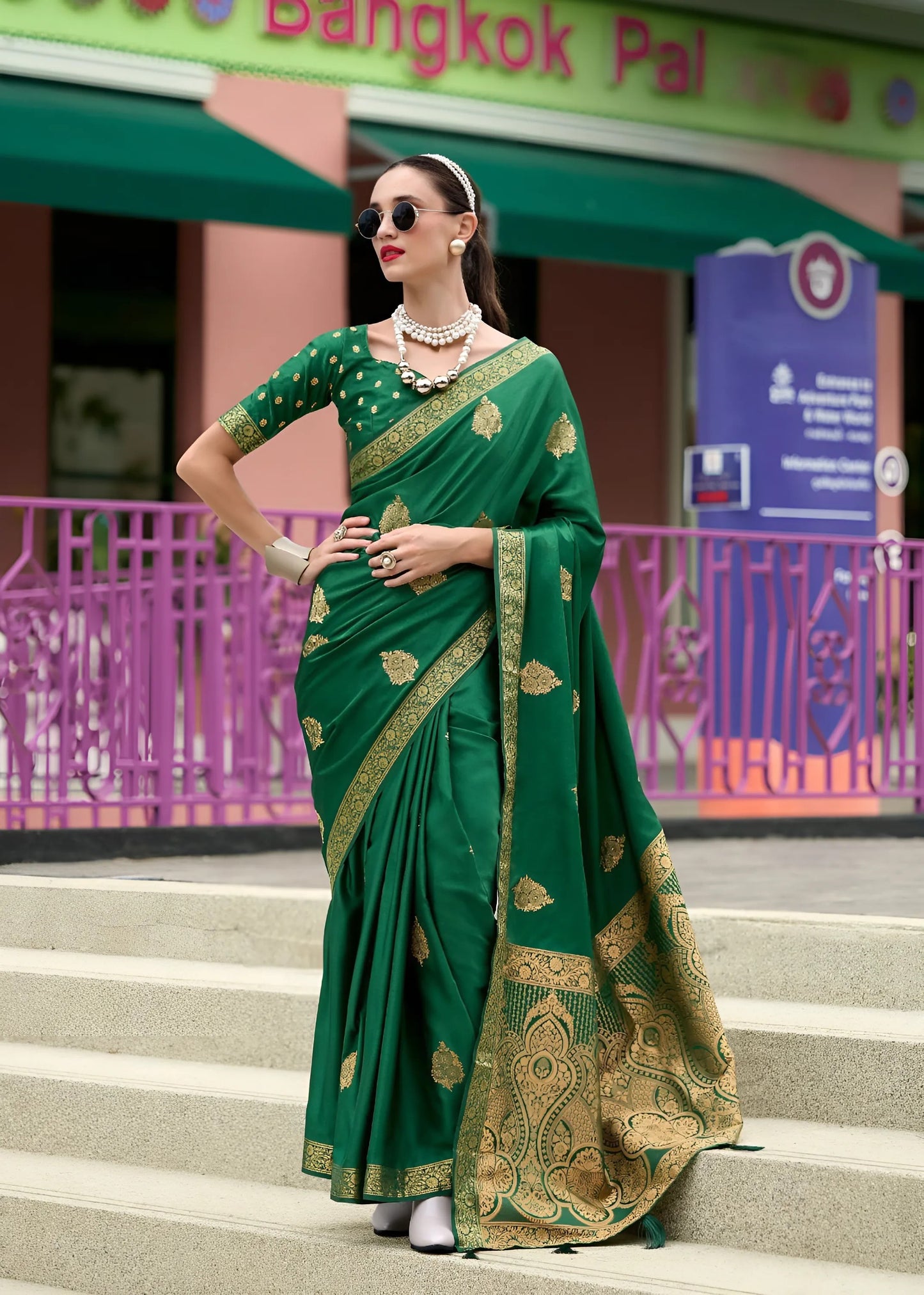 EKKTARA Saree For Women Green Colour Pure Satin Handwoven Zari Weaving Saree With Unstitched Blouse