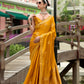 EKKTARA Saree For Women Mustard Yellow Colour Pure Satin Handwoven Zari Weaving Saree With Unstitched Blouse