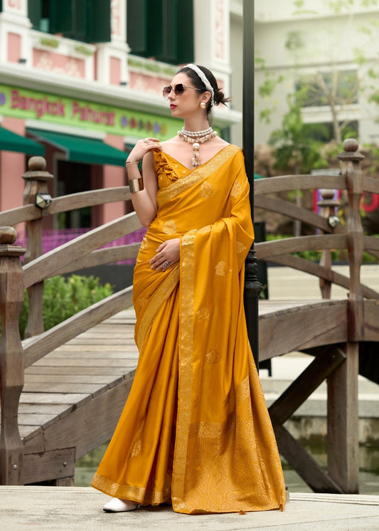 EKKTARA Saree For Women Mustard Yellow Colour Pure Satin Handwoven Zari Weaving Saree With Unstitched Blouse