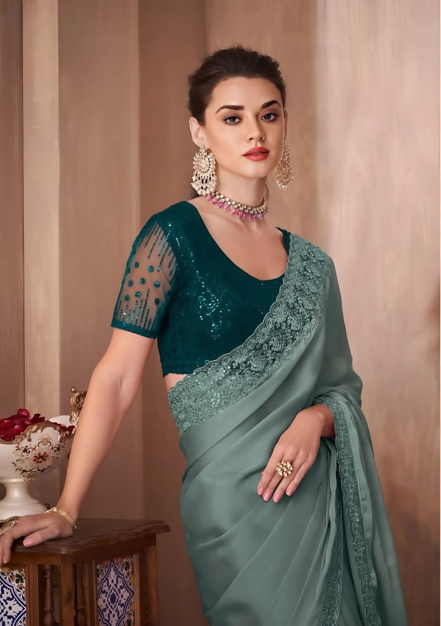 EKKTARA Saree For Women Sage Green Colour Designer Party Wear Saree With Unstitched Blouse