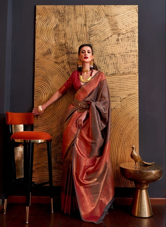 EKKTARA Saree For Women Russet Brown Colour Handloom Weaving Silk Saree With Unstitched Blouse