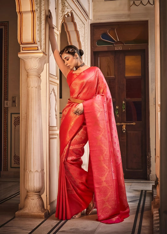EKKTARA  Saree For Women Red Colour Handloom Silk Zari Saree With Unstitched Blouse