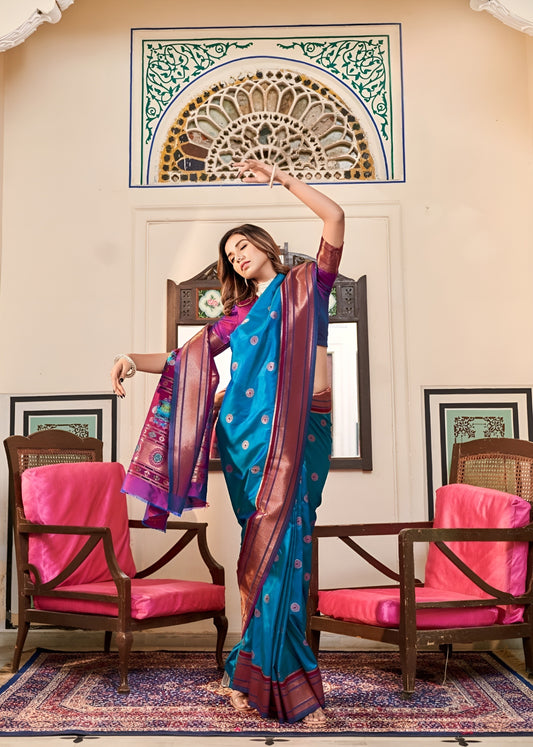 EKKTARA Saree For Women Neon Blue Colour Peshwai Paithani Silk Saree With Unstitched Blouse