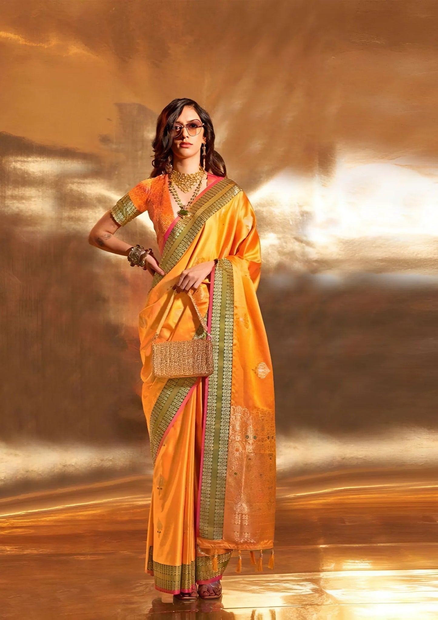 EKKTARA Saree For Women Amber Yellow Colour Pure Silk Chaap Border Design Handloom Weaving Saree With Unstitched Blouse