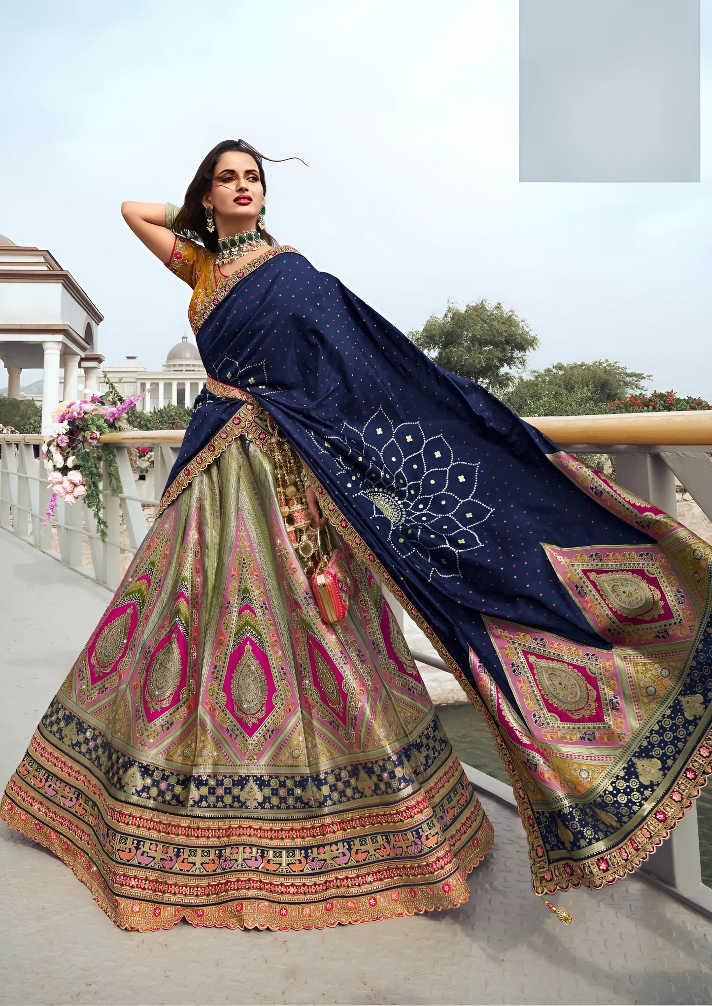 EKKTARA Semi Stitched Designer Blue Multicolour Colour Lehenga Choli Set