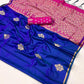 EKKTARA Saree For Women Cobalt Blue Colour Pure Satin Silk Handloom Weaving Saree With Unstitched Blouse