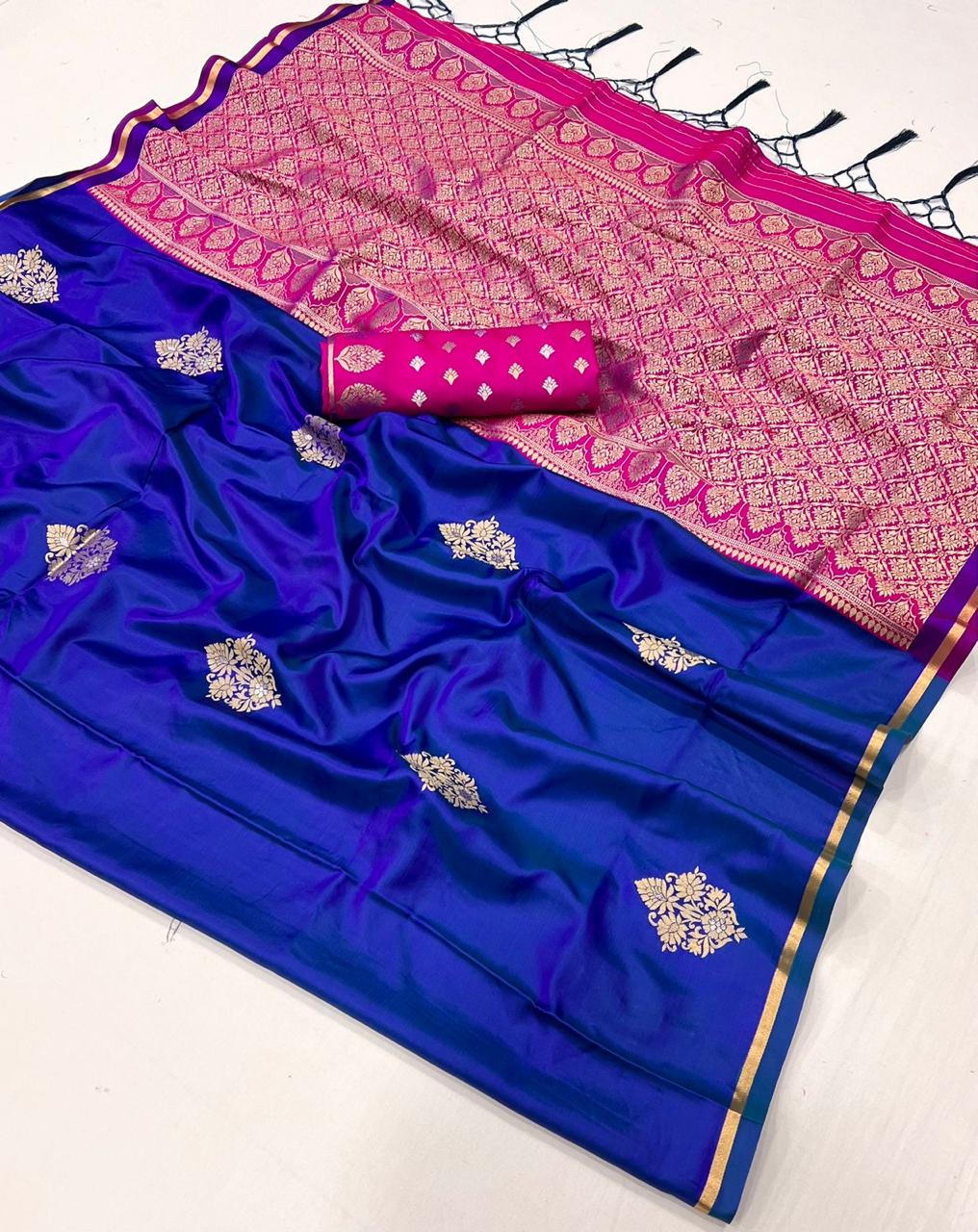 EKKTARA Saree For Women Cobalt Blue Colour Pure Satin Silk Handloom Weaving Saree With Unstitched Blouse