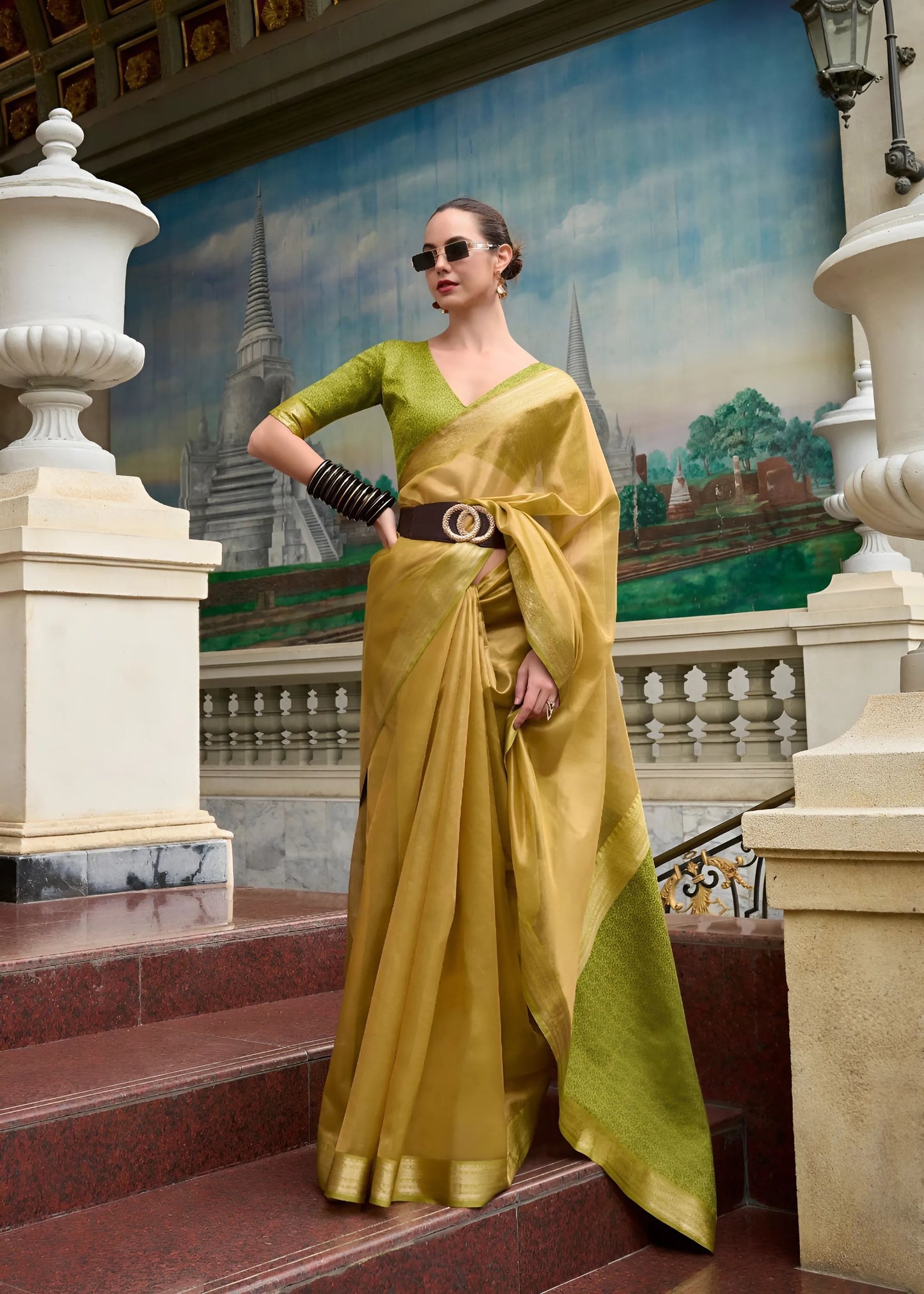 EKKTARA Saree For Women Golden Green Colour Pure Tissue Saree With Designer Pallu And Unstitched Blouse