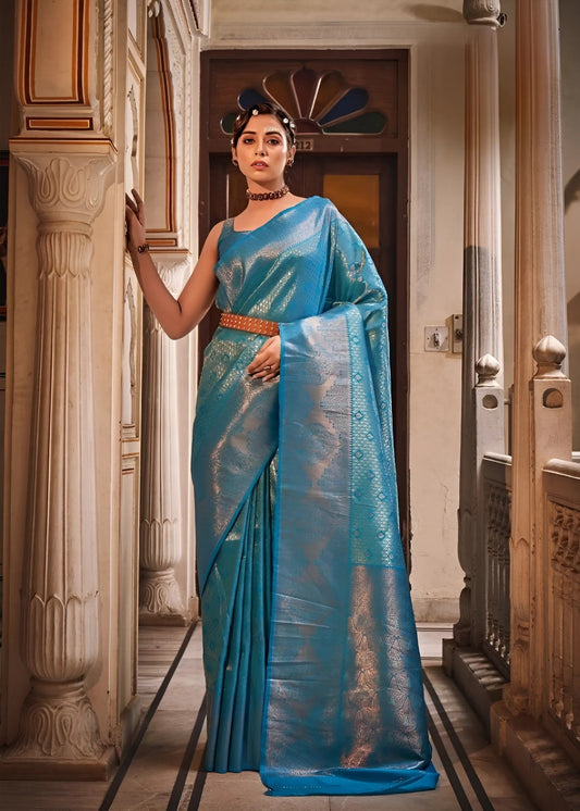 EKKTARA  Saree For Women Turquoise Colour Handloom Silk Zari Saree With Unstitched Blouse