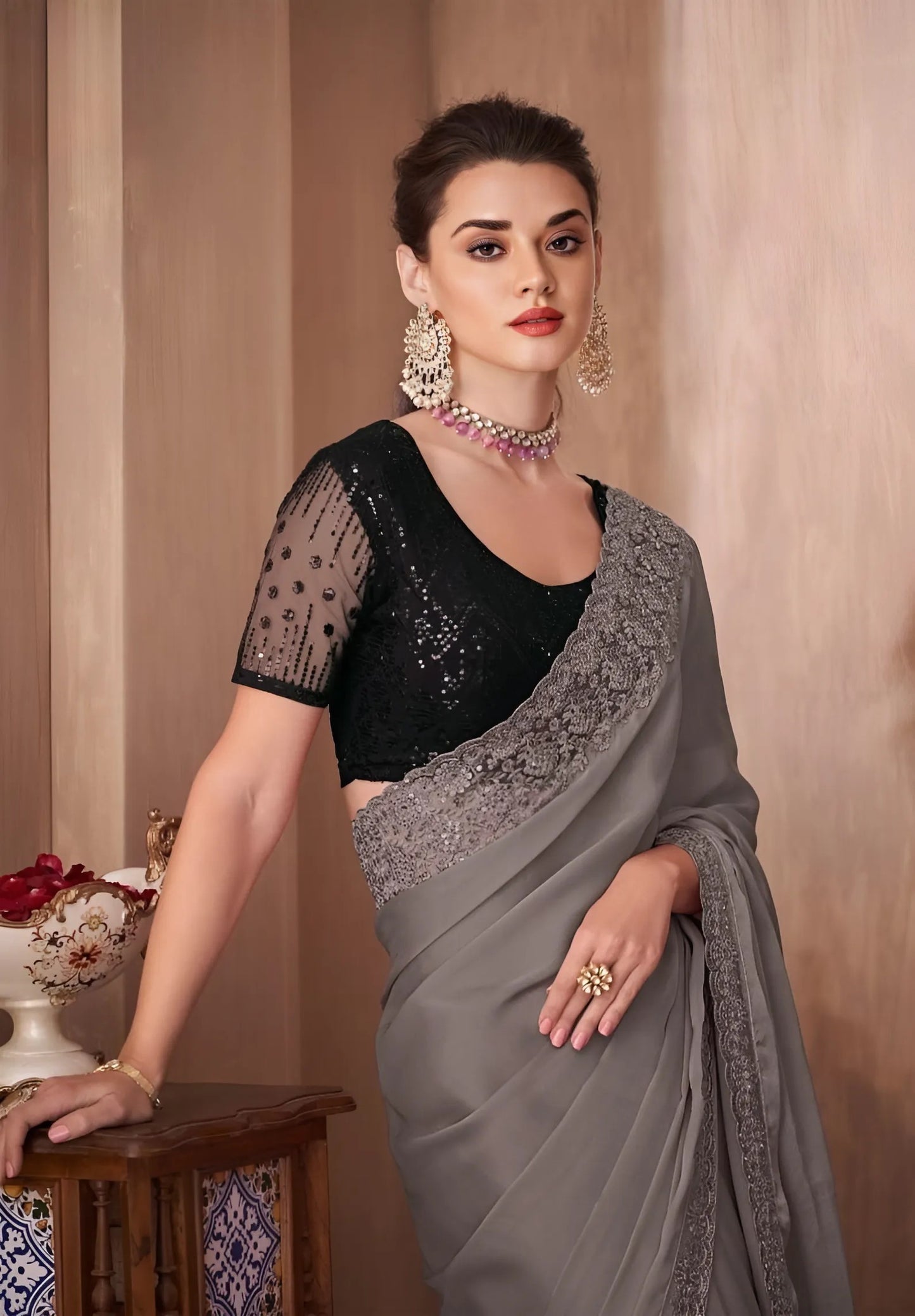 EKKTARA Saree For Women Grey Colour Designer Party Wear Saree With Unstitched Blouse