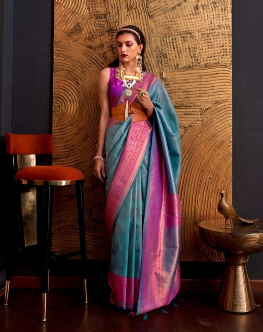 EKKTARA Saree For Women Turquoise Colour Handloom Weaving Silk Saree With Unstitched Blouse