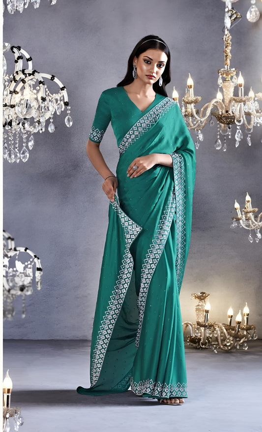 EKKTARA Saree For Women Turquoise Colour Partywear Satin Silk Zarkan Work Saree With Unstitched Blouse