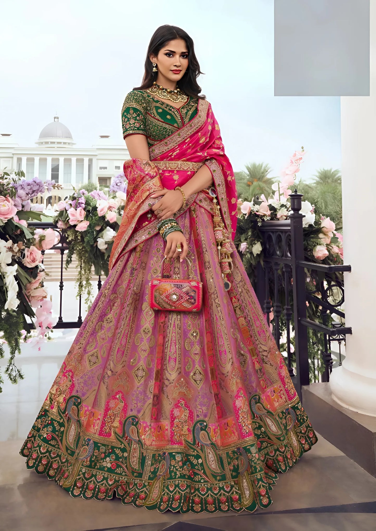 EKKTARA Semi Stitched Designer Green Multicolour Colour Lehenga Choli Set