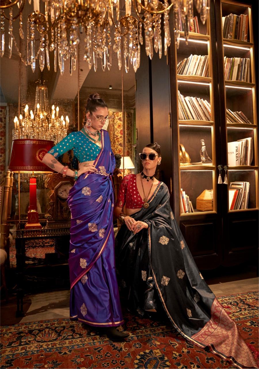 EKKTARA Saree For Women Purple Colour Pure Satin Silk Handloom Weaving Saree With Unstitched Blouse