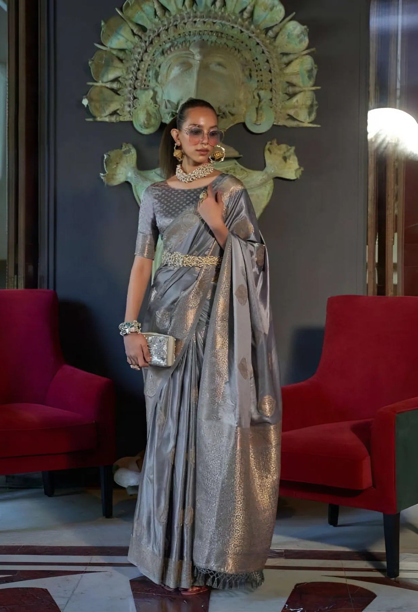 EKKTARA Saree For Women Grey Colour Nylon Satin Handwoven Saree With Unstitched Blouse