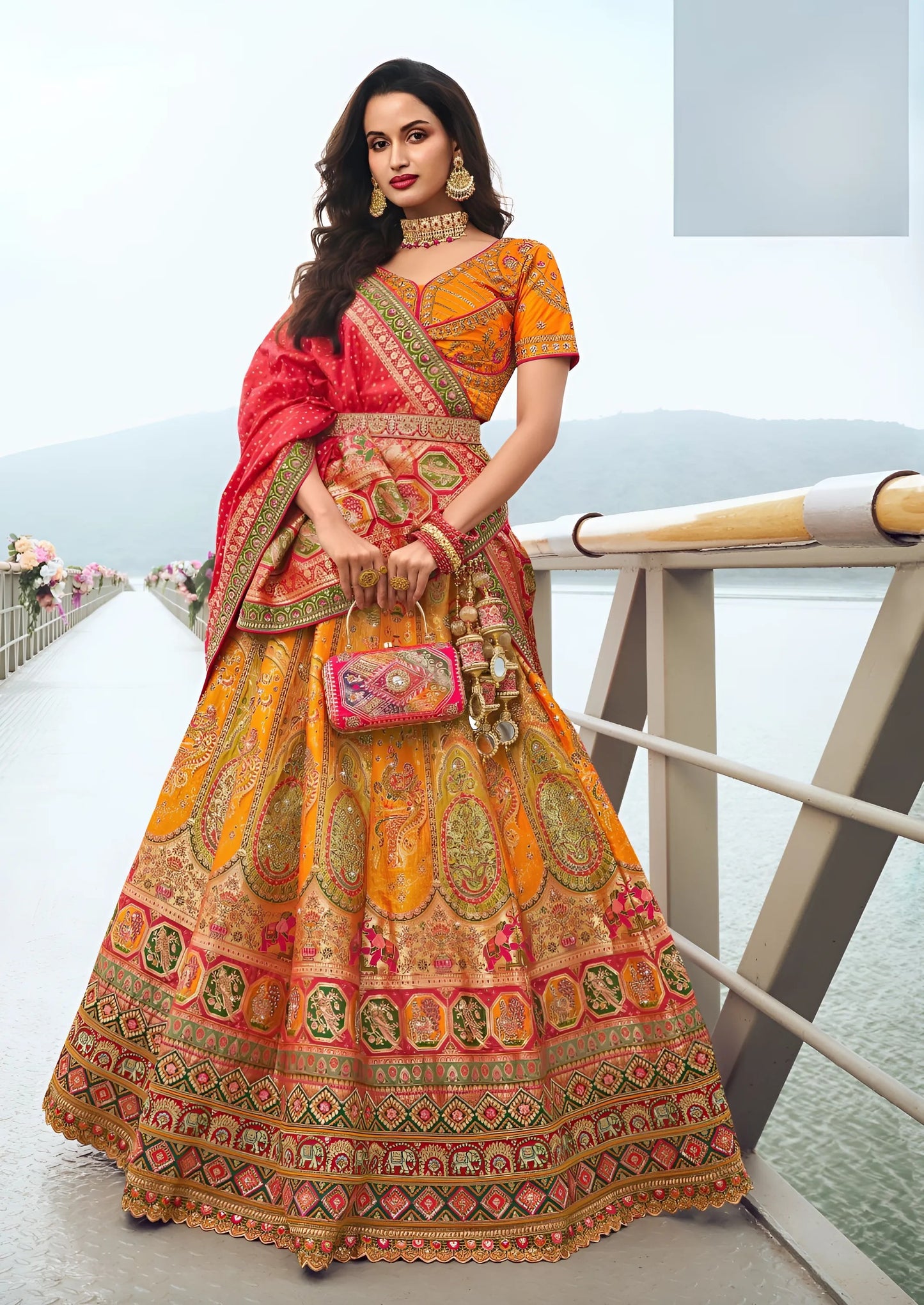 EKKTARA Semi Stitched Designer Orange Multicolour Colour Lehenga Choli Set