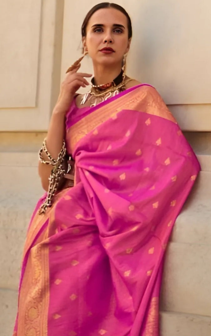 EKKTARA Saree For Women Pink Colour Handloom Weaving Silk Saree With Unstitched Blouse