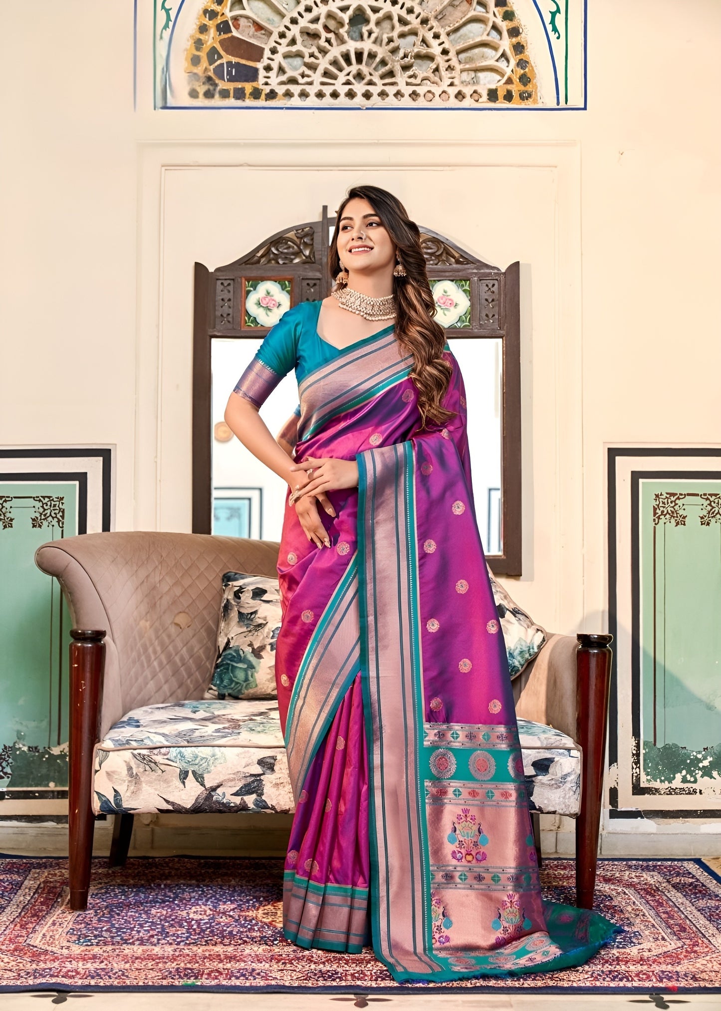 EKKTARA Saree For Women Purple Colour Peshwai Paithani Silk Saree With Unstitched Blouse