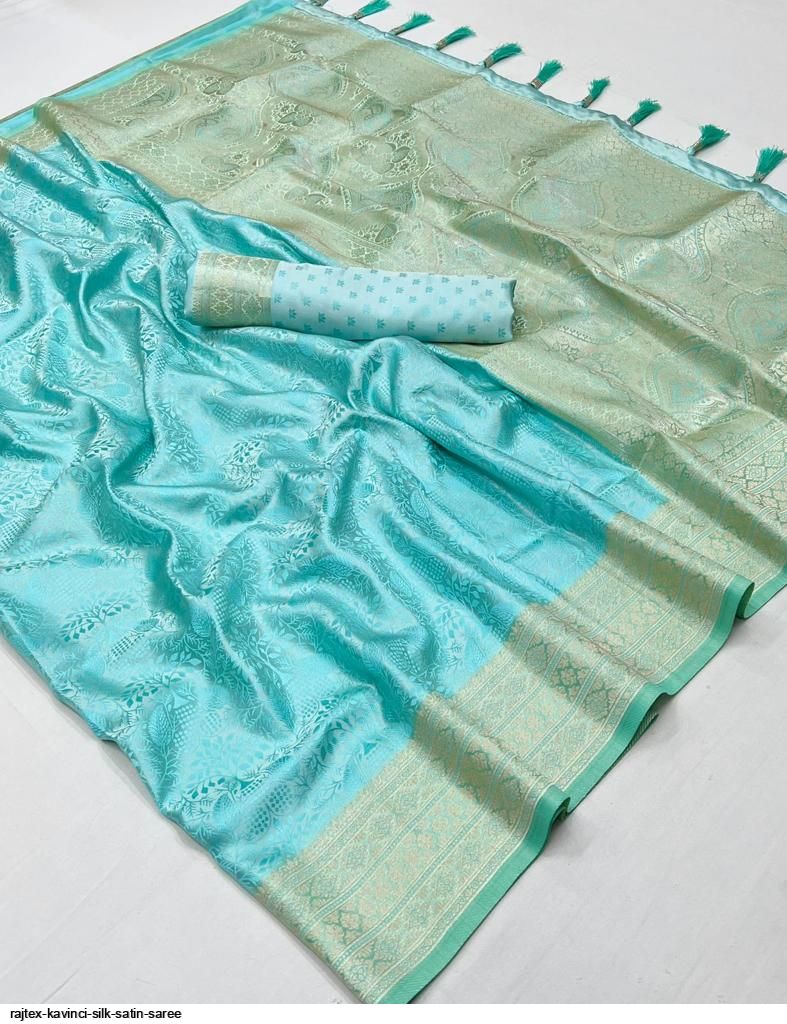 EKKTARA Saree For Women Turquoise Colour Silk Handloom Weaving Saree With Unstitched Blouse