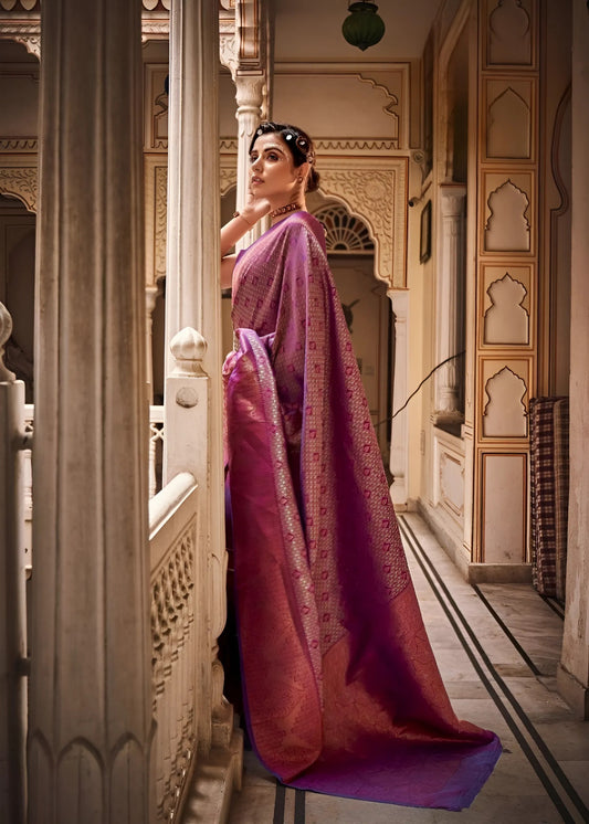 EKKTARA  Saree For Women Purple Colour Handloom Silk Zari Saree With Unstitched Blouse