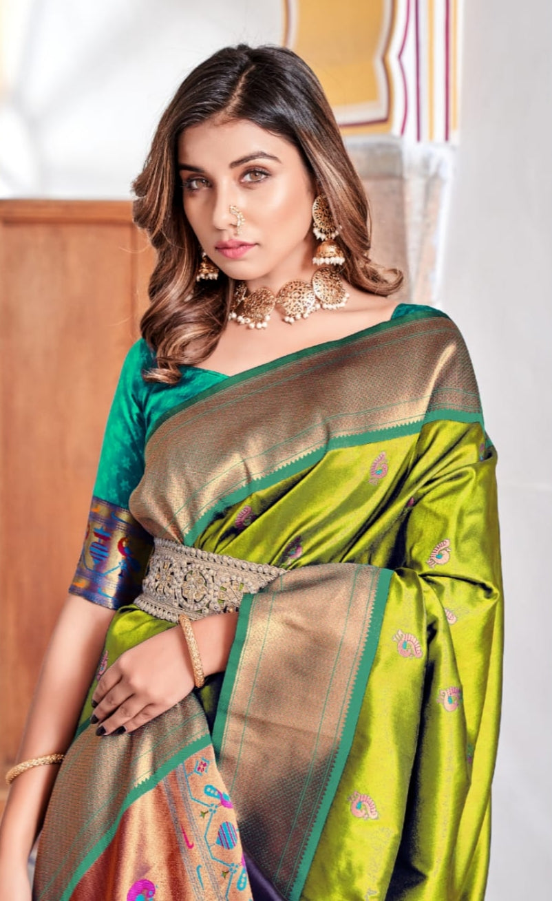 EKKTARA Saree For Women Lemon Green Colour Soft Peshwai Paithani Silk Handloom Weaving Saree With Unstitched Blouse