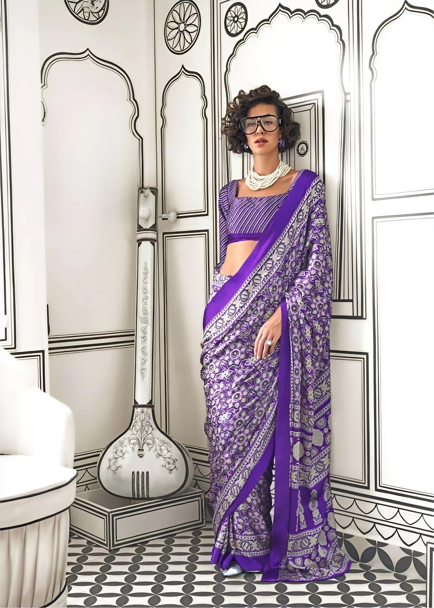 EKKTARA Saree For Women Purple Printed Colour Satin Modern Crepe Saree With Unstitched Blouse